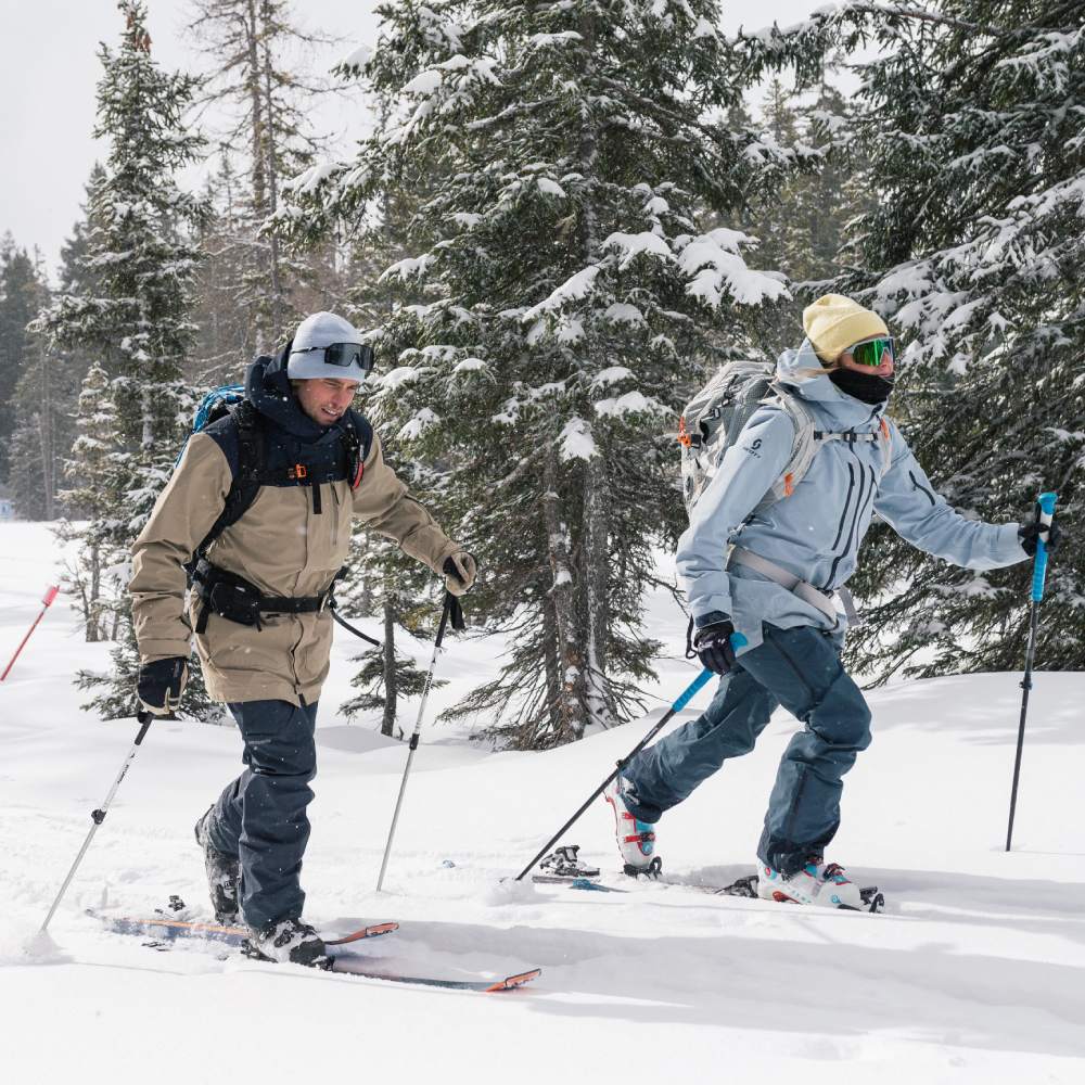 Ski de randonnée Deux skieurs de randonnée en route dans une forêt enneigée