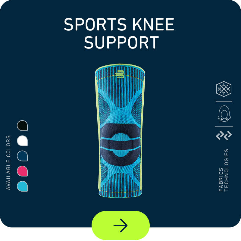 Dans de belles couleurs et avec des technologies de pointe : Sports Knee Support Sports Knee Support sur fond bleu foncé avec des icônes de couleur à gauche et des icônes de technologie à droite