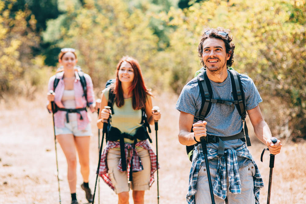 Wanderfreude auf sonnigem Waldpfad Drei Wanderer, zwei Frauen und ein Mann, gehen mit Trekkingstöcken fröhlich auf einem sonnigen Waldweg. Alle tragen sportliche Kleidung und Rucksäcke, der Fokus liegt auf der natürlichen Bewegung.