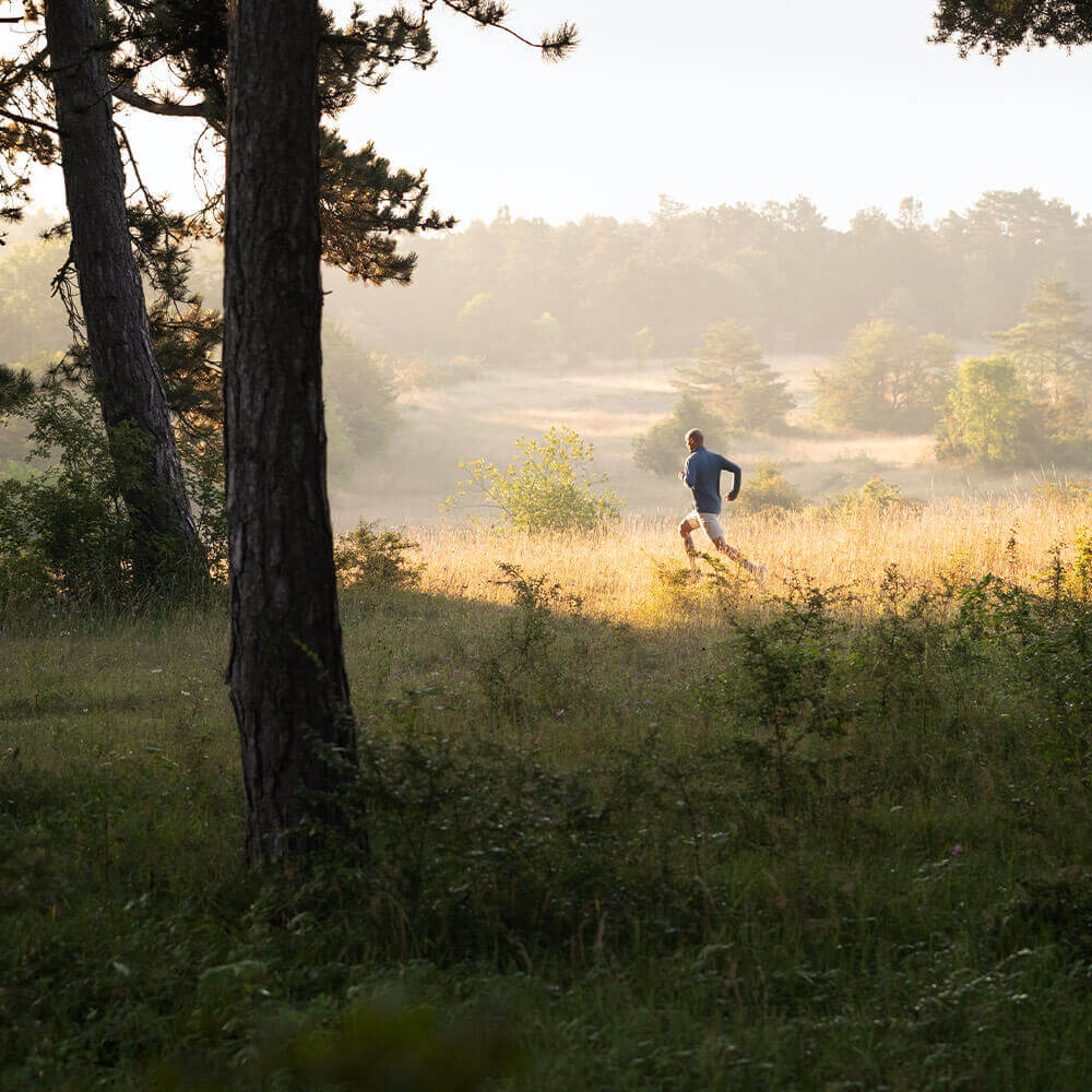 Semelles de sport en action Un homme court sur une prairie. Un arbre est au premier plan, des collines se trouvent en arrière-plan.