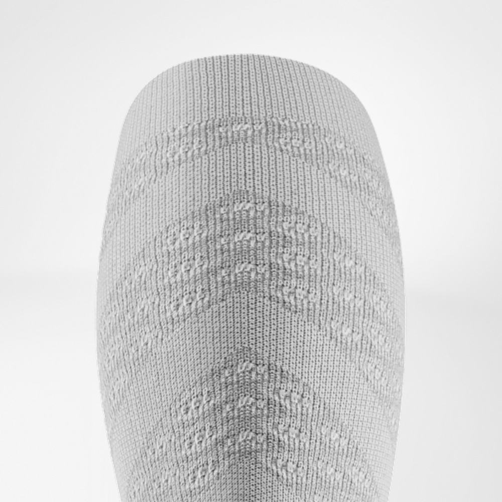 Die 3D-Dots unterstützen die Wadenmuskulatur punktgenau. Nahaufnahme der 3D-Dots-Struktur an der Rückseite der weißen Run Performance Socks zur gezielten Druckverteilung.