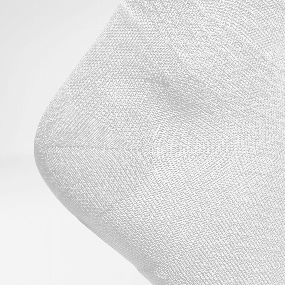 Vue détaillée de la zone de protection du talon des chaussettes de course blanches mi-longues tricotées en maille aérée