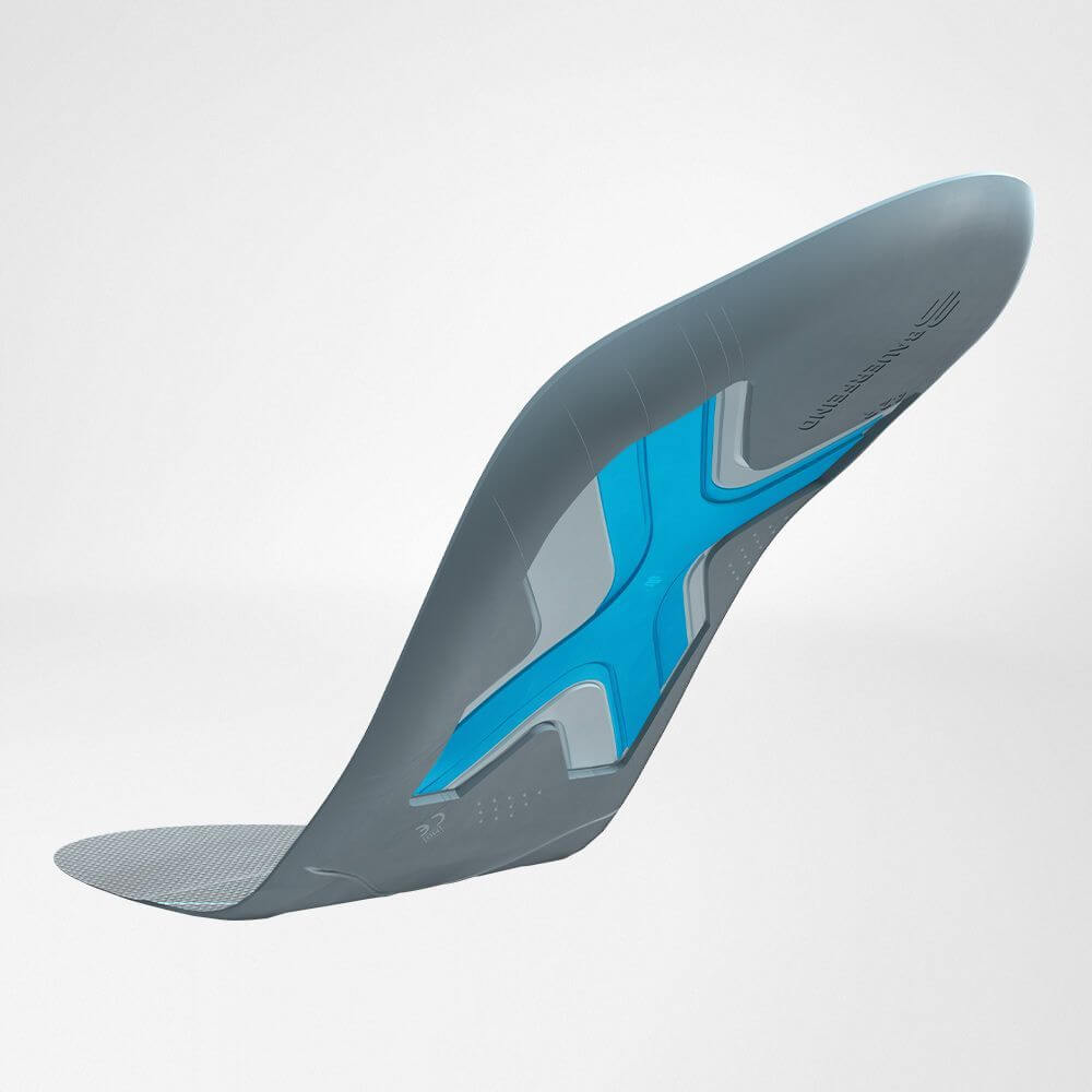 Détail des semelles sportives Technologie Weightflex Vue arrière de la semelle intérieure pour chaussures de course avec noyau Weightflex bleu