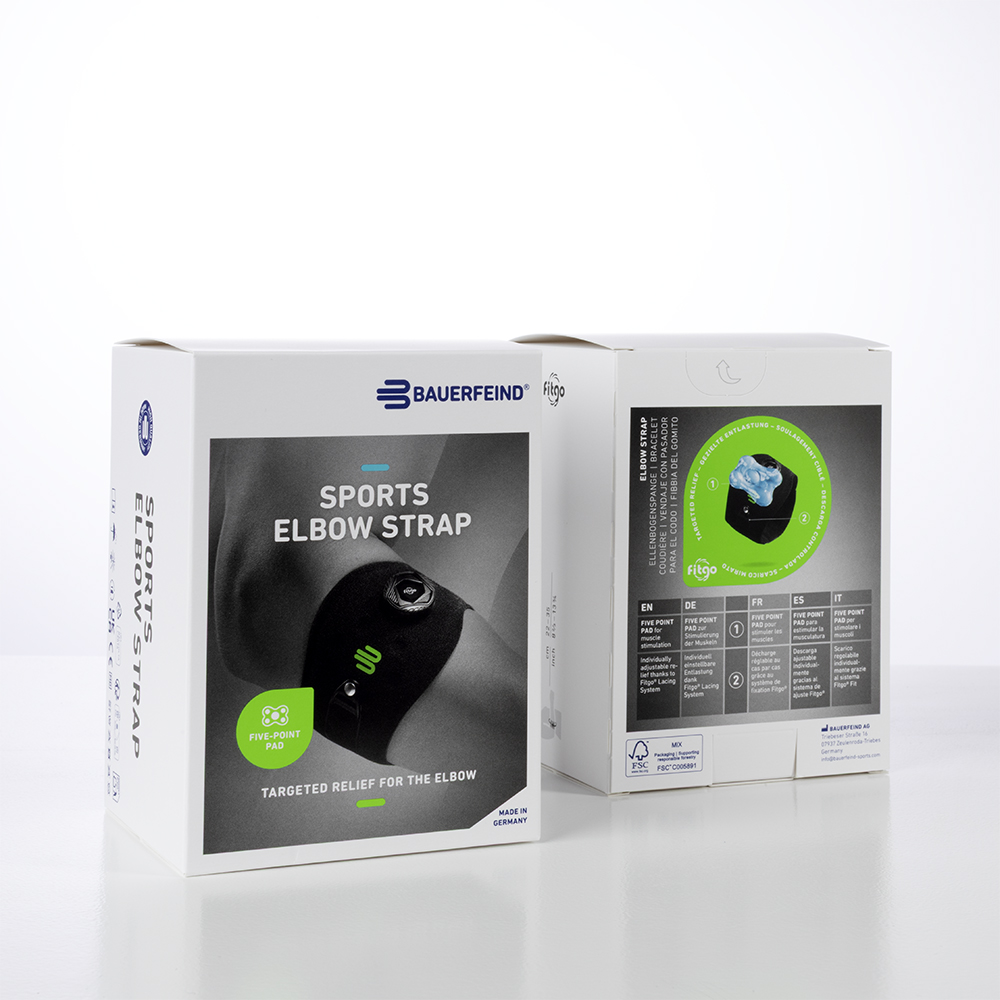 Image d'emballage du Sport Elbow Strap avec image de produit noir