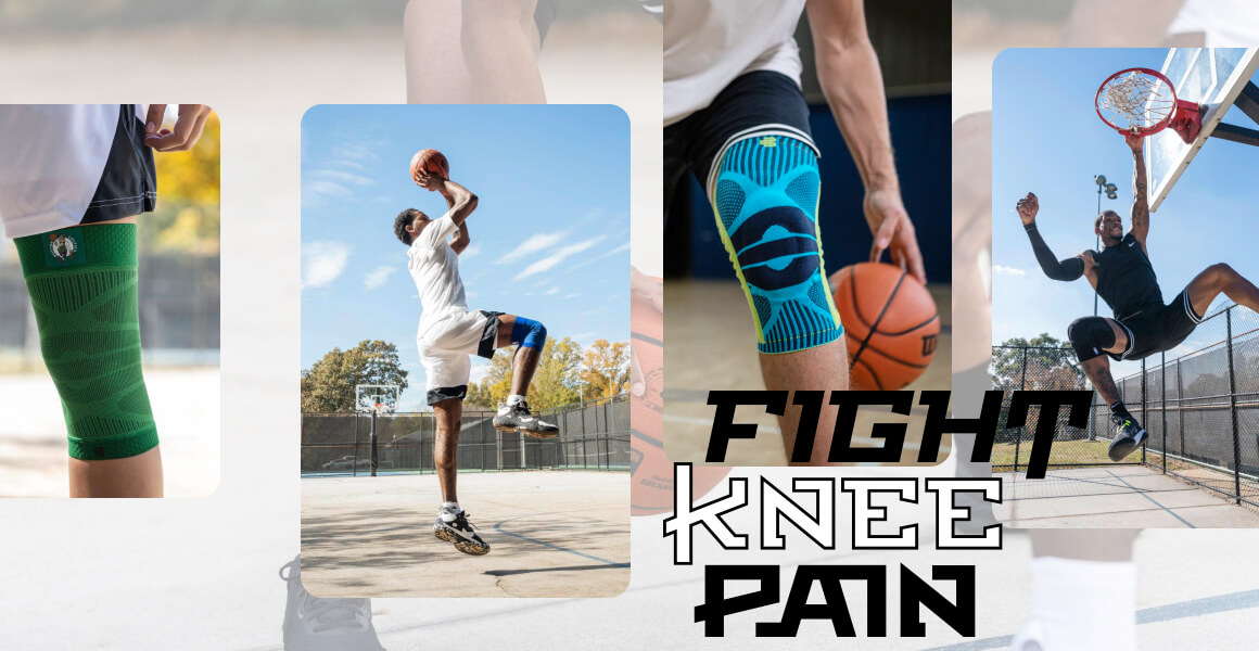 Deine Stärke beginnt im Knie. Eine Collage aus vier Bildern zeigt Basketballspieler beim Sprungwurf, Dunk und Dribbling. Im Fokus stehen verschiedenfarbige Kniebandagen im Einsatz auf dem Spielfeld.