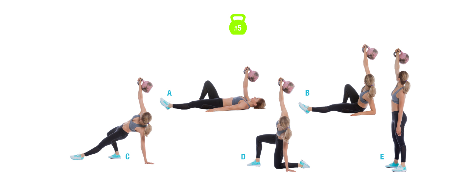 Turkish Get Up avec la Kettlebell en 5 étapes Frau montre le Turkish Get Up avec la Kettlebell en 5 étapes