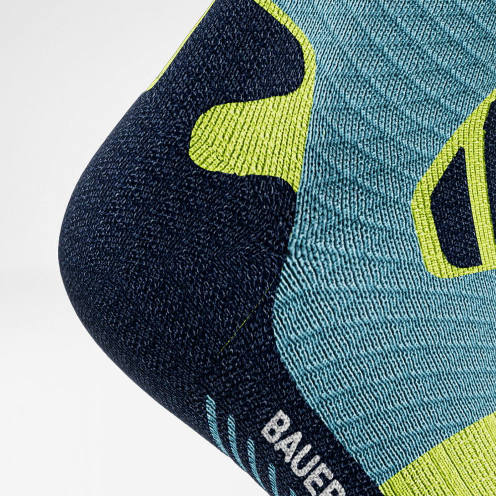 Chaussettes de course sur sentier bleu-jaune Protection détaillée du talon Vue détaillée du talon des chaussettes de course sur sentier bleu-jaune