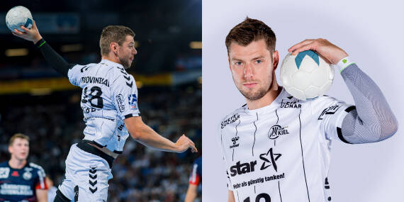 THW Kiel Spieler Niclas Ekberg trägt unsere Sports Compression Sleeves Arm Zweigeteiltes Bild mit Handballer Niclas Ekberg in Aktion während eines Spieles und in Ruhe mit einem Ball posierend
