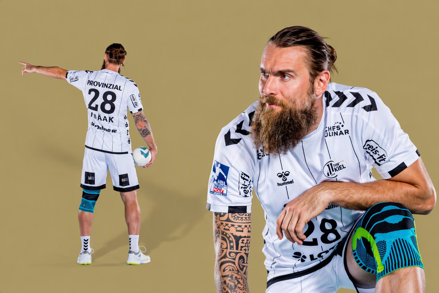 Handballer vom THW Kiel in Bildmontage von vorn und hinten mit der Sports Knee Support
