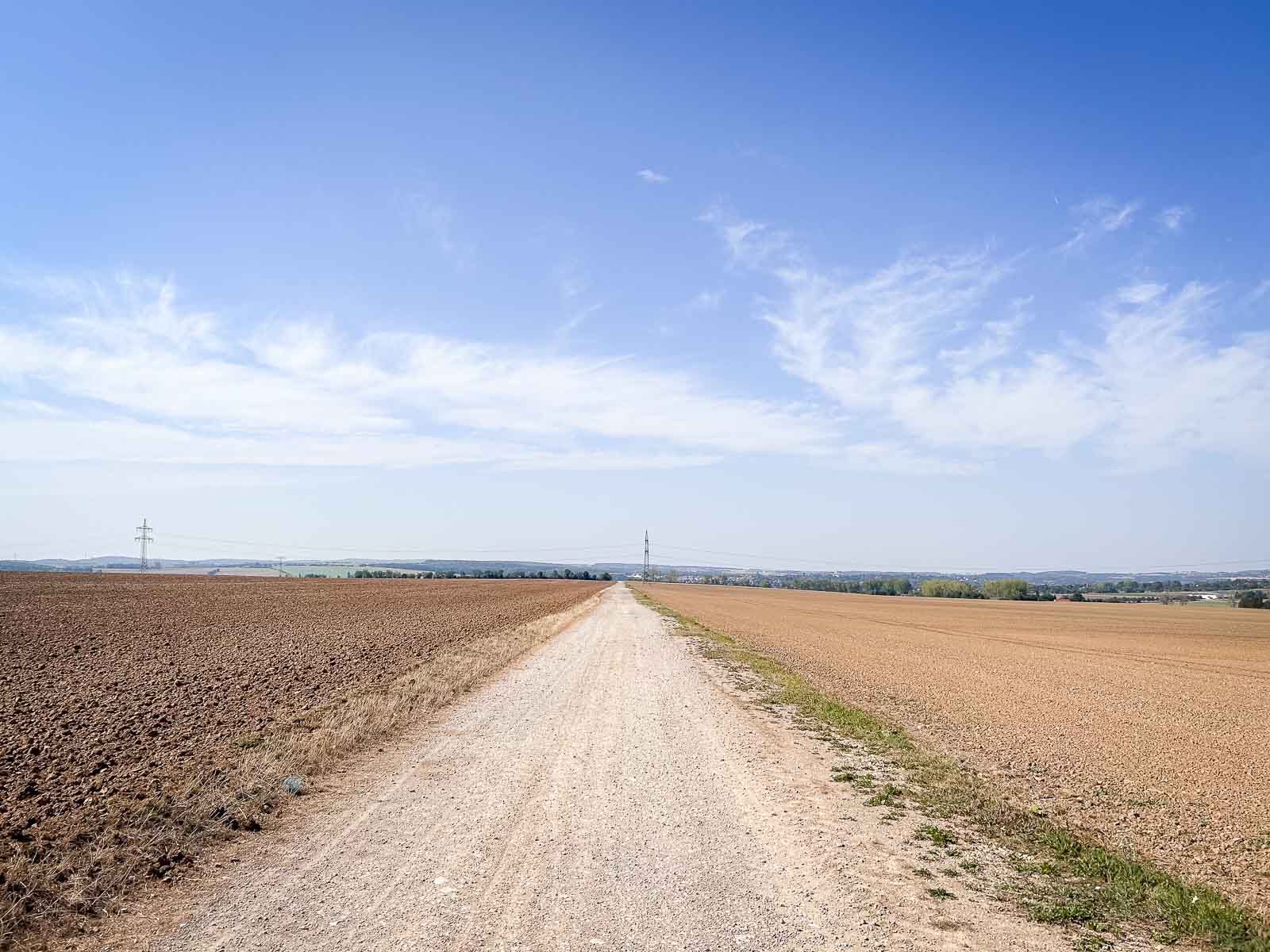 Schotterweg durch weitläufige Felder – Ideal für Langstreckenläufe. Ein langer, gerader Schotterweg, der durch eine weitläufige Landschaft führt, mit klarem Himmel und Feldern zu beiden Seiten. Ideale Laufstrecke für Ausdauerläufe.