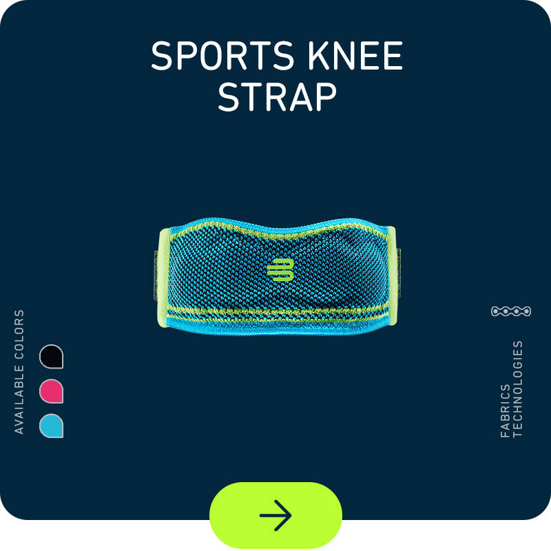 In tollen Farben und mit Top-Technologien: Sports Knee Strap Sports Knee Strap auf dunkelblauem Grund mit Farbicons links und Technologie-Icons rechts