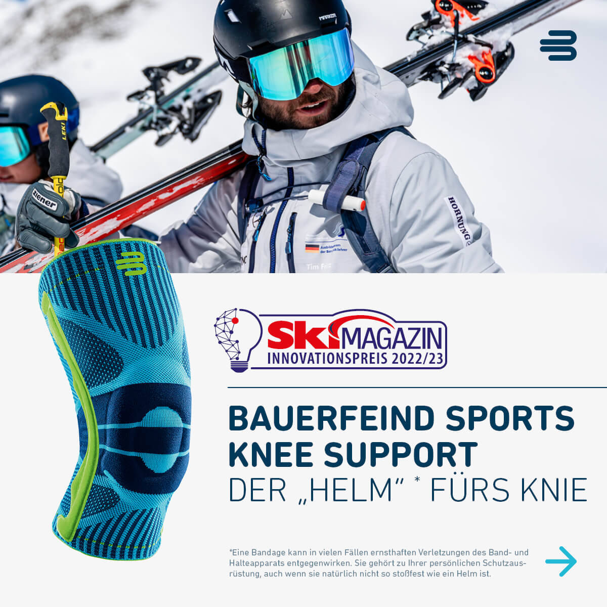 Le Bauerfeind Sports Knee Support : Récompensé par les lecteurs et lectrices du SkiMagazin Collage d'images : skieur portant ses skis sur l'épaule en haut et genouillère avec logo de récompense et texte en bas